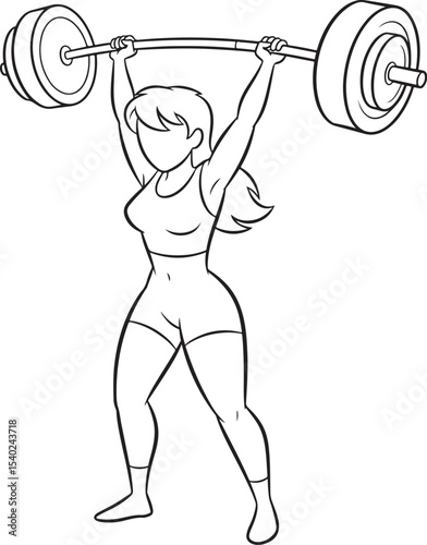 Line drawing of a weightlifter lifting a barbell above her head