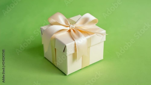 A white gift box with a cream ribbon sits on a bright green background. The box is neatly wrapped and appears ready for a special occasion.