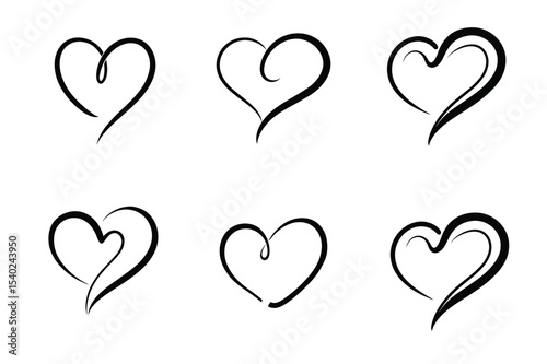 Elegant Hand-Drawn Heart Icons Six Unique Designs for Valentine's Day, Weddings, and Romantic Projects. Perfect for invitations, cards, logos, and more. Downloadable vector graphics.
