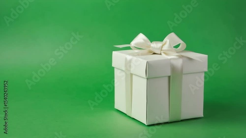 A white gift box with a ribbon sits on a green background. The box is square-shaped and isolated, emphasizing its clean design and simplicity.