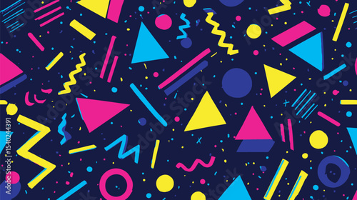 Geometric shapes compose bright graphic pattern on dark backdrop background decoration.