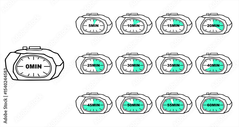Naklejka premium Digital Timer Icons Set Interval Countdown from 0 to 60 Minutes, Workout Interval Timer, Flat Style Countdown Timer Illustration, Minute Progress Clock