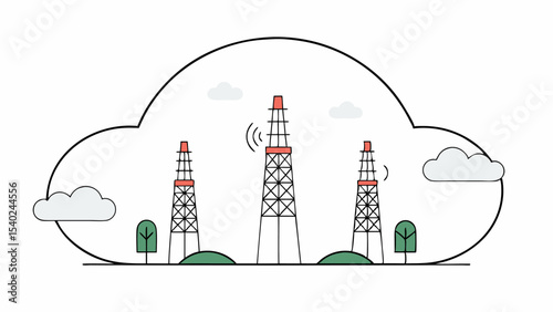Three Oil Derricks in a Pastoral Setting