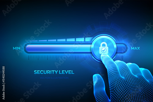 Increasing Security level. Cyber security concept. Network security. Wireframe hand is pulling up to the maximum position progress bar with the lock icon. Enhance data protection level. Vector.