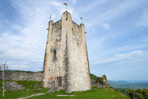 The restored Main Watchtower of the ancient Anakopia Fortress on a May day. New Athos, Abkhazia
