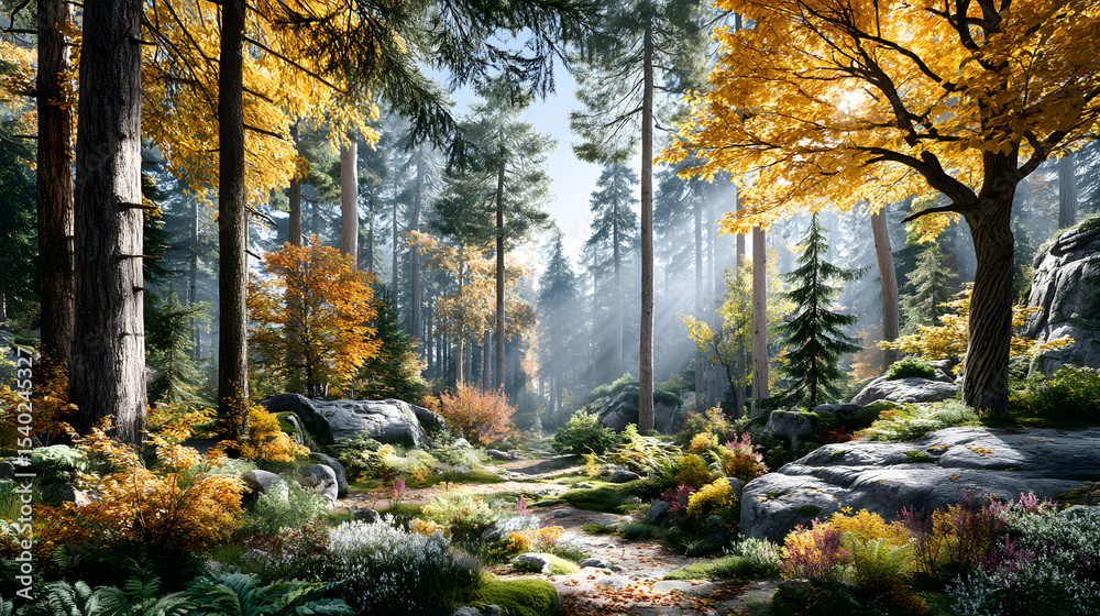 Obraz premium Serene forest trail with golden autumn leaves Sunlit forest pathway adorned with autumn hues. Aerial view of AutumnFall forest canopy Lonely path in foggy fall forest with orange tones