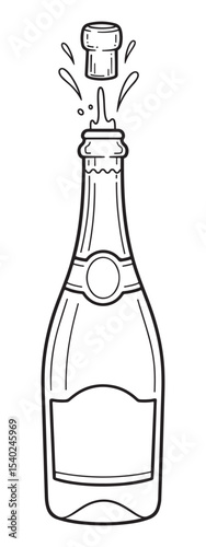Champagne bottle popping its cork with liquid splashing, black and white drawing