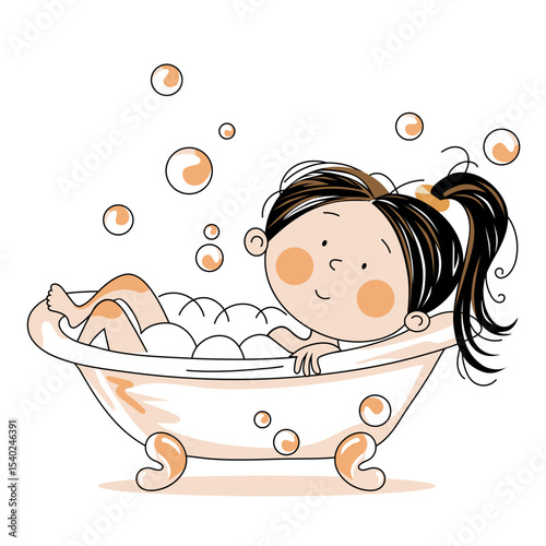 Cute little girl bathing in bubble bath. Vector illustration