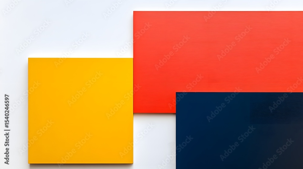 Fototapeta premium Red yellow and dark blue wooden blocks arranged on a white surface in a geometric abstract composition.