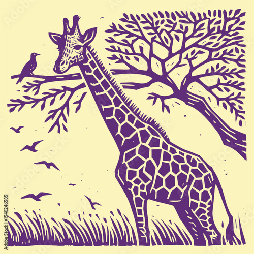 Majestic Giraffe in a Serene African Landscape. Stylized illustration depicts a tall giraffe beneath a tree, with birds flying overhead, capturing the essence of wildlife. Safari Serenade: Giraffe, Bi
