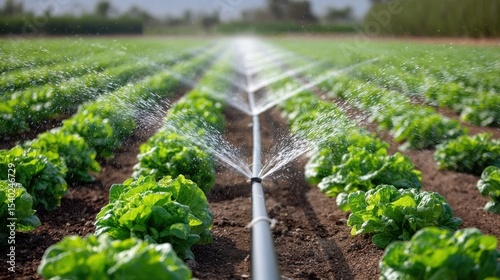 Irrigation system watering rows of lettuce crops in a field, water sprays onto fresh lettuce plants in neat rows.