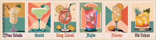 Cocktails retro poster set. Pina Colada, Old Cuban, Mojito, Gimlet, Long Island. Collection of popular alcohol drinks. Vintage style vector illustrations, bar, pub, restaurant, kitchen wall art print