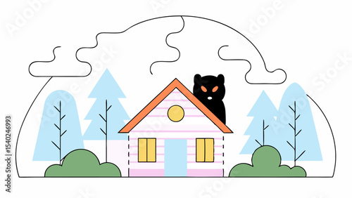 Black Bear on House Roof in Forest