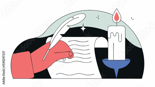 Hand Writing with Quill Pen and Candlelight
