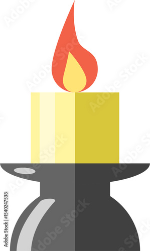 Small thick candle with holder and flame illustration vector graphic