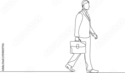 Businessman walking with briefcase in continuous line drawing style. Sketch of man carrying briefcase in minimalist black lines isolated on white background. Vector illustration