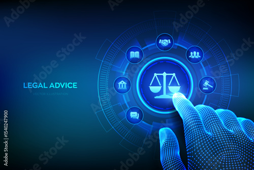 Labor law, Lawyer, Attorney at law, Legal advice concept on virtual screen. Internet law and cyberlaw as digital legal services or online lawyer advice. Hand touching digital interface. Vector. EPS10.