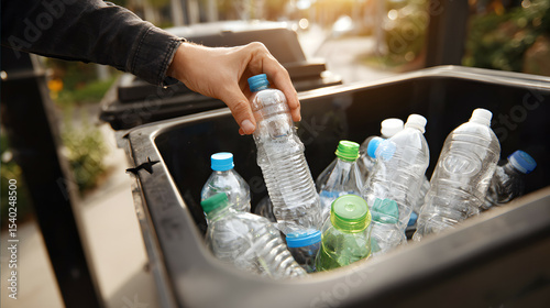 A scene of throwing plastic bottles into a trash can