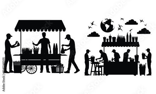 Street food vendors silhouette illustration set cart and stall