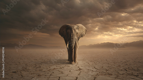 A scene of an elephant standing alone on barren land