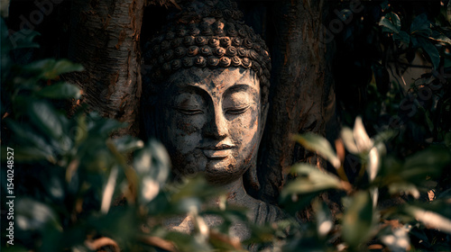 A view of the Buddha's face from the shade of a tree
