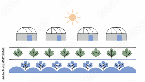 Simple Farm Illustration Greenhouses and Crops