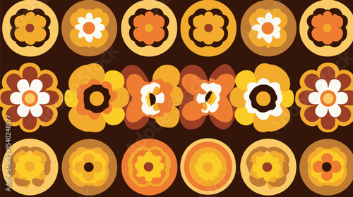 Retro flowers compose stylized pattern on dark backdrop showcasing seventies style.