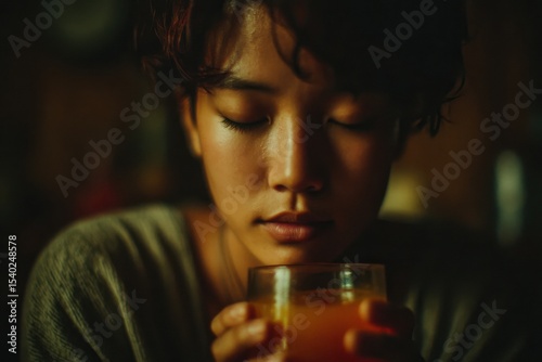 Asian female with closed eyes holds glass of fruit juice indoors, exhibiting peacefulness and healthy lifestyle choice