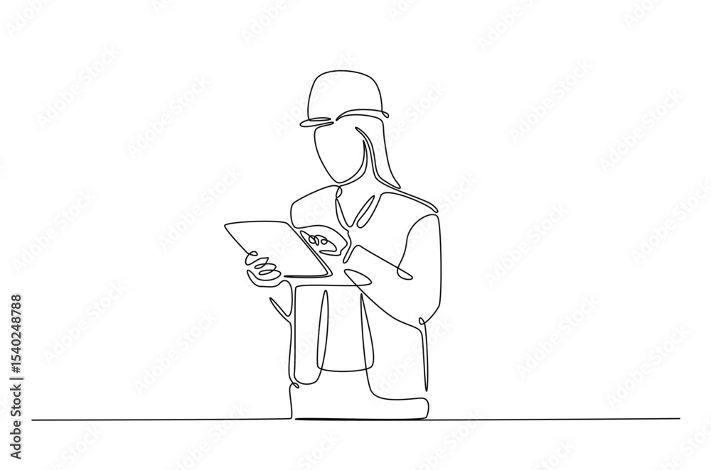 Engineer holding tablet in continuous one line drawing. Single line art illustration of technician working with tablet. Editable vector. Engineer holding tablet in continuous one line drawing. Single line art illustration of technician working with tablet. Editable vector.