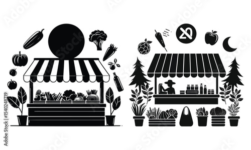 Farmers market vegetable stand silhouette illustration