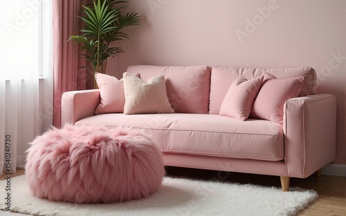 Fluffy Pink Pouf and Velvet Sofa in a Serene Room. High quality