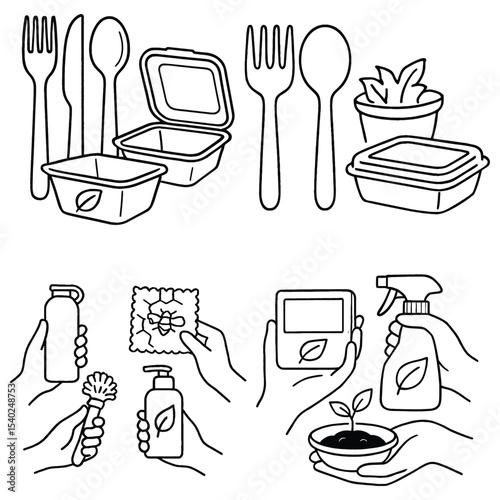 Eco friendly disposable cutlery and containers silhouette
