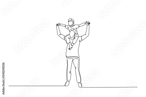 Happy father and son in continuous one line drawing. Single line art illustration of father holding little son on hands. Editable vector.