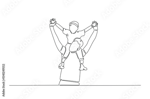 Happy father and son in continuous one line drawing. Single line art illustration of father holding little son on hands. Editable vector.