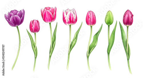 Beautiful floral set with watercolor spring tulip flowers. Stock illustration.