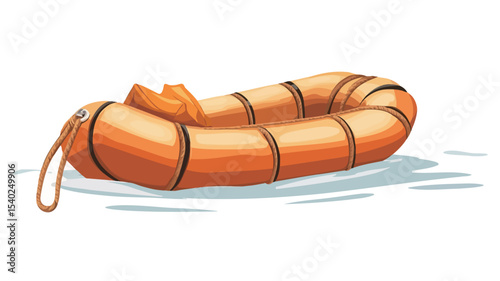 Illustration of an orange inflatable life raft on a white background.  The raft is cylindrical in shape with visible banding, suggesting separate inflatable chambers.  There are small orange oars