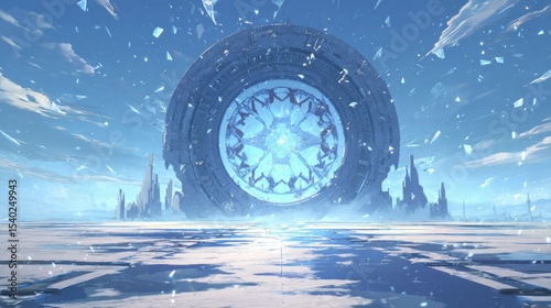 Magical Portal on Icy Tundra: Ethereal Blue-White Gateway to Cosmic Realm. Abstract Commercial Background for Magazine Illustrations, Book Covers, and Game Art Design. AI-Generated Futuristic Concept 