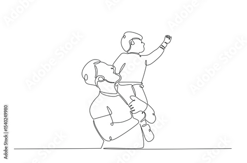 Happy father and son in continuous one line drawing. Single line art illustration of father holding little son on hands. Editable vector.
