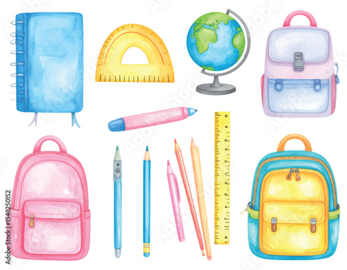 A comprehensive vector icon set of isolated school supplies and accessories, perfect for travel or office-themed designs