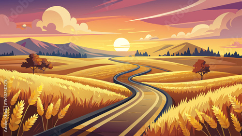 Winding Road Through Golden Wheat Fields at Dusk, Showcasing Rural Beauty and Peaceful Escape for Travel and Tourism Campaigns  Very beautiful