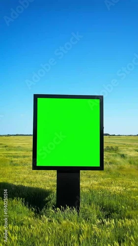 Billboard displaying green screen in a field against a bright blue sky