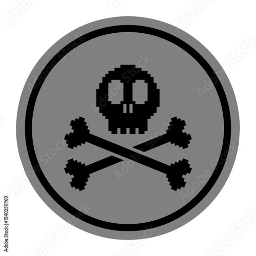 A circle warning sign featuring a pixelated black skull and crossbones symbol. The icon has a retro 8-bit style and is used to indicate danger, poison, or hazardous material.