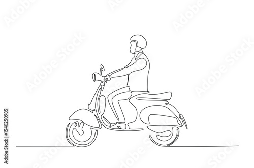 A man riding motor scooter in continuous one line drawing. Single line art illustration of person ride retro scooter. Editable vector.