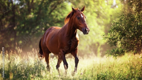 Powerful chestnut horse with white forehead marking strides gracefully through lush sunlit meadow, surrounded by tall grasses and dense green forest foliage.