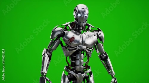 Metallic robot character on green screen with visible mechanical details and damaged areas