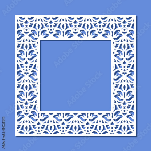 Square frame with carved ornament. Border, edge for mirror, postcard, photo. Floral plant pattern. Template for plotter laser cutting of paper, wood carving, metal engraving, cnc. Vector illustration.