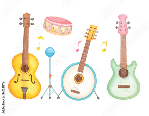 Illustration of Guitar and musical instruments isolated suitable for children