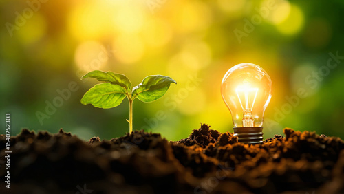 A vibrant green plant sprouts from fertile soil beside an illuminated light bulb, symbolizing eco-friendly energy solutions and the powerful synergy of nature and innovation for a sustainable future