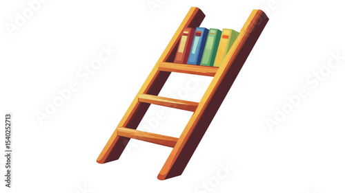 A digital illustration depicting a leaning wooden ladder with a small built-in shelf holding a stack of colorful books. The ladder is rendered in a cartoonish style with smooth surfaces and 