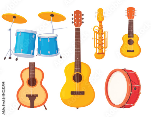 A vibrant set of isolated musical instruments, featuring acoustic, electric, and bass guitars, ready for any rock, jazz, or classical concert